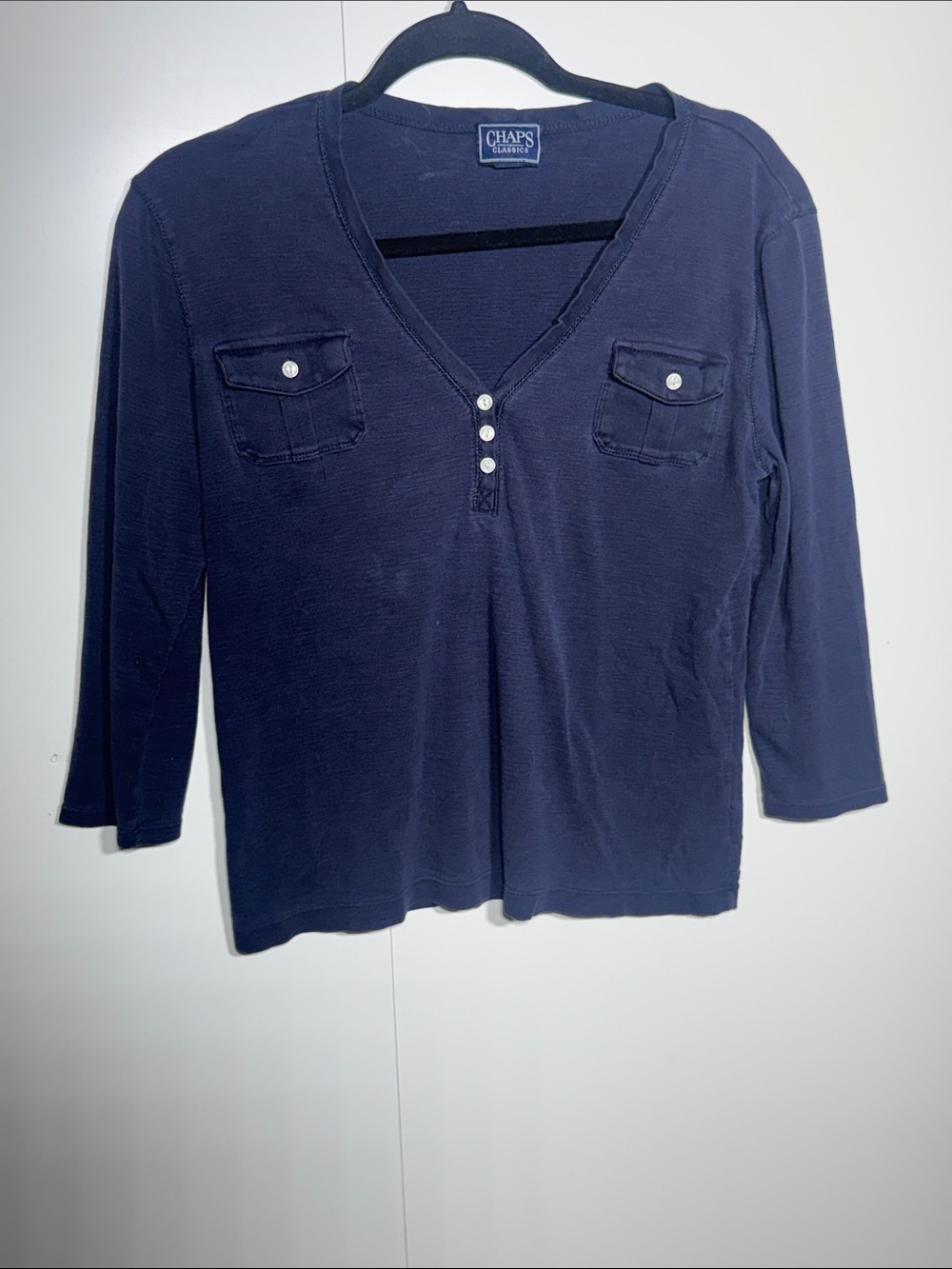 Chaps Women's Navy Button-Front V-Neck Long Sleeve Top